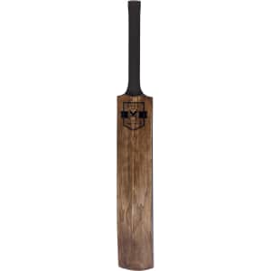 A wooden cricket bat with a black handle and logo design on the face, featuring a smooth, polished finish.