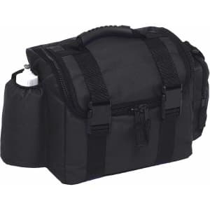 A black insulated bag with a side pocket for a drink bottle and adjustable straps. It has multiple compartments and zippers.