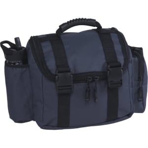 A dark grey messenger bag with multiple compartments, featuring a handle and a drink bottle pocket.