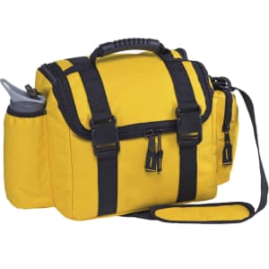 A yellow insulated bag with black straps and a drink bottle holder on the side, featuring a carry handle and shoulder strap.