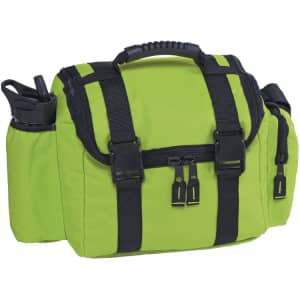 A green messenger bag featuring black straps, zip closures, and side pockets for holding items.