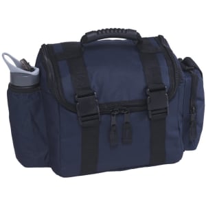 A dark blue bag with a shoulder strap, featuring a water bottle pocket and multiple zip compartments.