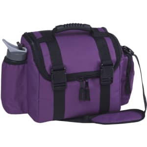 A purple insulated bag with black straps and a grey drink bottle pocket, featuring a removable shoulder strap.