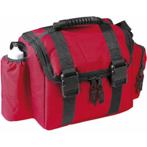 A red bag with black straps and zip closures, featuring a side pocket for a drink bottle. It has a carrying handle.