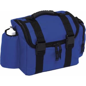 A blue insulated bag with black straps and a side pocket holding a drink bottle. It features multiple zippered compartments.