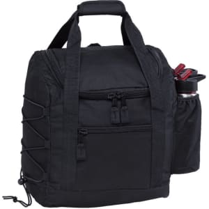 A black cooler bag with multiple pockets and a side pouch for a drink bottle. Features sturdy handles for easy carrying.