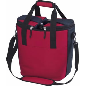 A red and navy cooler bag with dual compartments, featuring two handles and a shoulder strap.