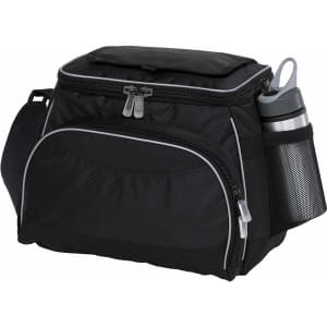 A black cooler bag with a front pocket and a side mesh pocket for a drink bottle. It has a zip closure and a sturdy handle.