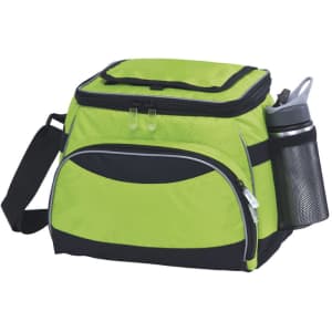 A green cooler bag with a black zippered compartment and a side mesh pocket for a drink bottle.