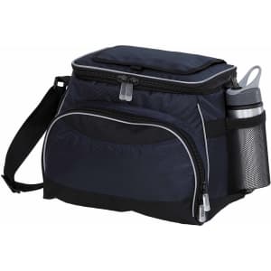 A cooler bag in black with a textured design, featuring a side mesh pocket for a drink bottle.