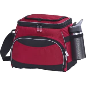 A red and black cooler bag with zippers and a side mesh pocket holding a drink bottle. Features a shoulder strap.