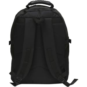 A black backpack featuring padded straps and a top handle, with a structured design and no visible external pockets.