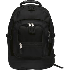 A black backpack featuring multiple zipped compartments and adjustable straps. It has a sturdy handle on top and a logo.