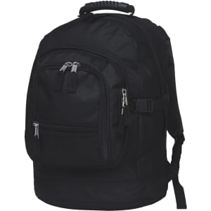 A black backpack with multiple zippered compartments and adjustable straps, featuring a sturdy handle on top.