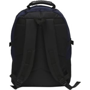A black and navy backpack featuring adjustable straps and a top handle, with a branding logo.