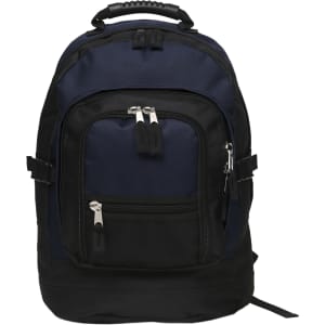 A navy and black backpack with multiple zippered compartments and adjustable straps. It features a handle on top and branding.