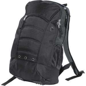 A black backpack with a padded back, multiple zippered compartments, and side mesh pockets. It has a logo.