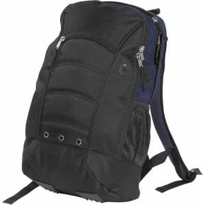A black and navy backpack with multiple compartments, zippers, and mesh side pockets. It features a logo on the front.