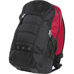 A black backpack with red interior, featuring zippers, mesh pockets, and a logo.