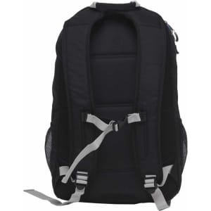 A black Grommet backpack with adjustable straps and mesh pockets on the sides. It includes a logo on the front.