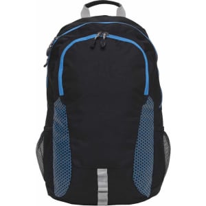 A black backpack with blue accents and mesh side pockets, featuring zippers and a top handle.