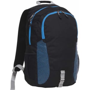 A black backpack with blue accents and mesh side pockets, featuring adjustable straps and multiple compartments.