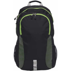 A black Grommet Backpack with green accents and mesh side pockets, featuring a logo on the front.