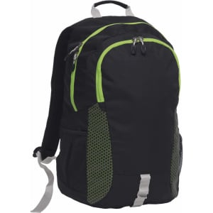 A black backpack with green accents and mesh details, featuring multiple compartments and a logo.
