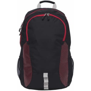 A black and red Grommet backpack featuring mesh side pockets and a grey handle on top. It has a logo.