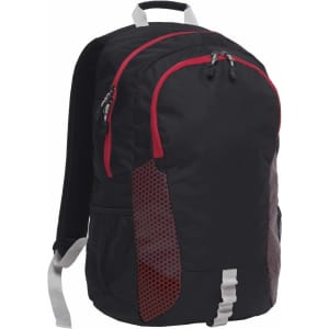 A black backpack with red accents, featuring a textured panel, side mesh pockets, and adjustable straps.