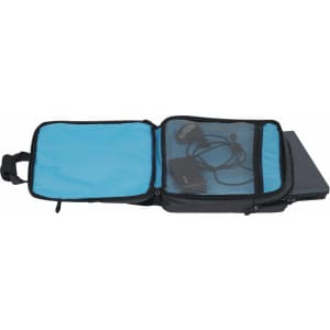 A laptop bag in black with a light blue interior, featuring a zippered compartment and a mesh pocket.