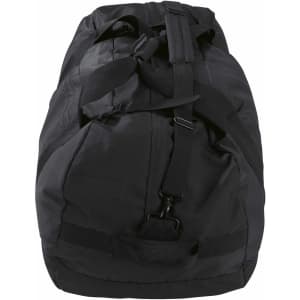 A black duffle bag with a sturdy strap and handle, featuring a logo and a textured surface.
