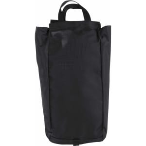 A black duffle bag made of textured fabric, featuring a top handle and a branding logo.