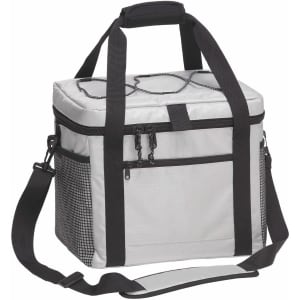 A grey cooler bag with black straps and mesh pockets, featuring a zippered compartment and an adjustable shoulder strap.