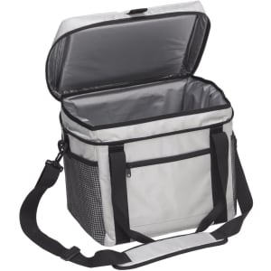 A grey insulated cooler bag with a zippered top and front pocket, featuring black straps and mesh detailing.