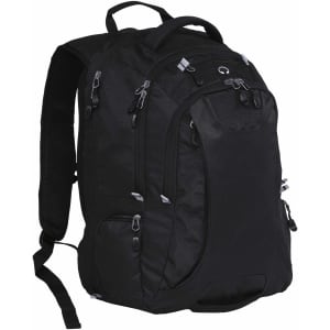 A black backpack with multiple compartments, zippers, and padded shoulder straps. It features a logo and a sturdy handle.