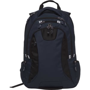 A navy blue backpack featuring multiple compartments, zippers, and a logo. It has padded straps and a sleek design.