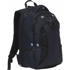 A dark blue backpack with multiple pockets, straps, and a logo on the side.