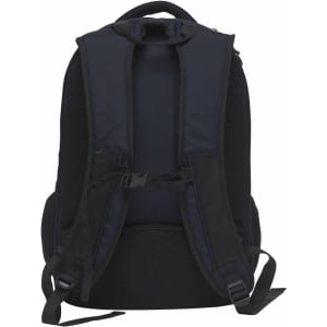 A black backpack with padded straps and a mesh back, featuring adjustable straps and a logo.