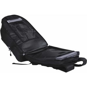 A black backpack with a spacious inner compartment, featuring pockets for a laptop and additional storage.