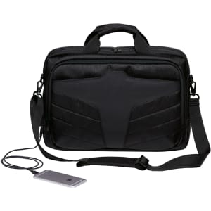 A black laptop bag with a sleek design, featuring adjustable straps and a device charging cable.
