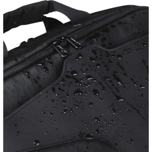 A black laptop bag with a textured surface, featuring water droplets on it and a zippered closure.