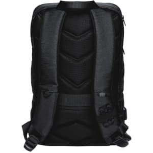 A black backpack featuring a padded back and adjustable straps, with a logo present.