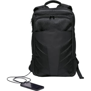 A black backpack with a sleek design and a charging cable connected to a phone lying beside it. It features a logo.
