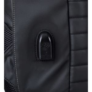 A close-up of a black backpack featuring a sleek, textured design and a small logo on the surface.