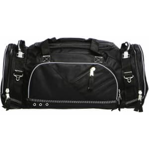 A black duffle bag featuring multiple zippered compartments and adjustable straps. It has a sleek design with a branding logo.