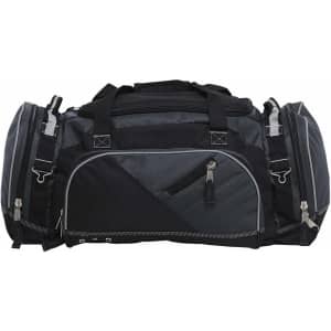 A duffle bag in dark grey and black, featuring multiple compartments and zippers, along with sturdy handles.