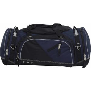 A duffle bag in black and navy blue, featuring multiple zippered compartments and adjustable straps.