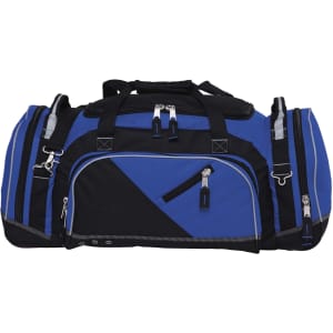 A duffle bag in black and blue with multiple zippered compartments and a logo.