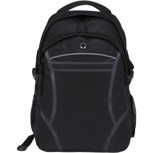 A black backpack features multiple compartments, padded straps, and a mesh side pocket, with an emblem on the front.
